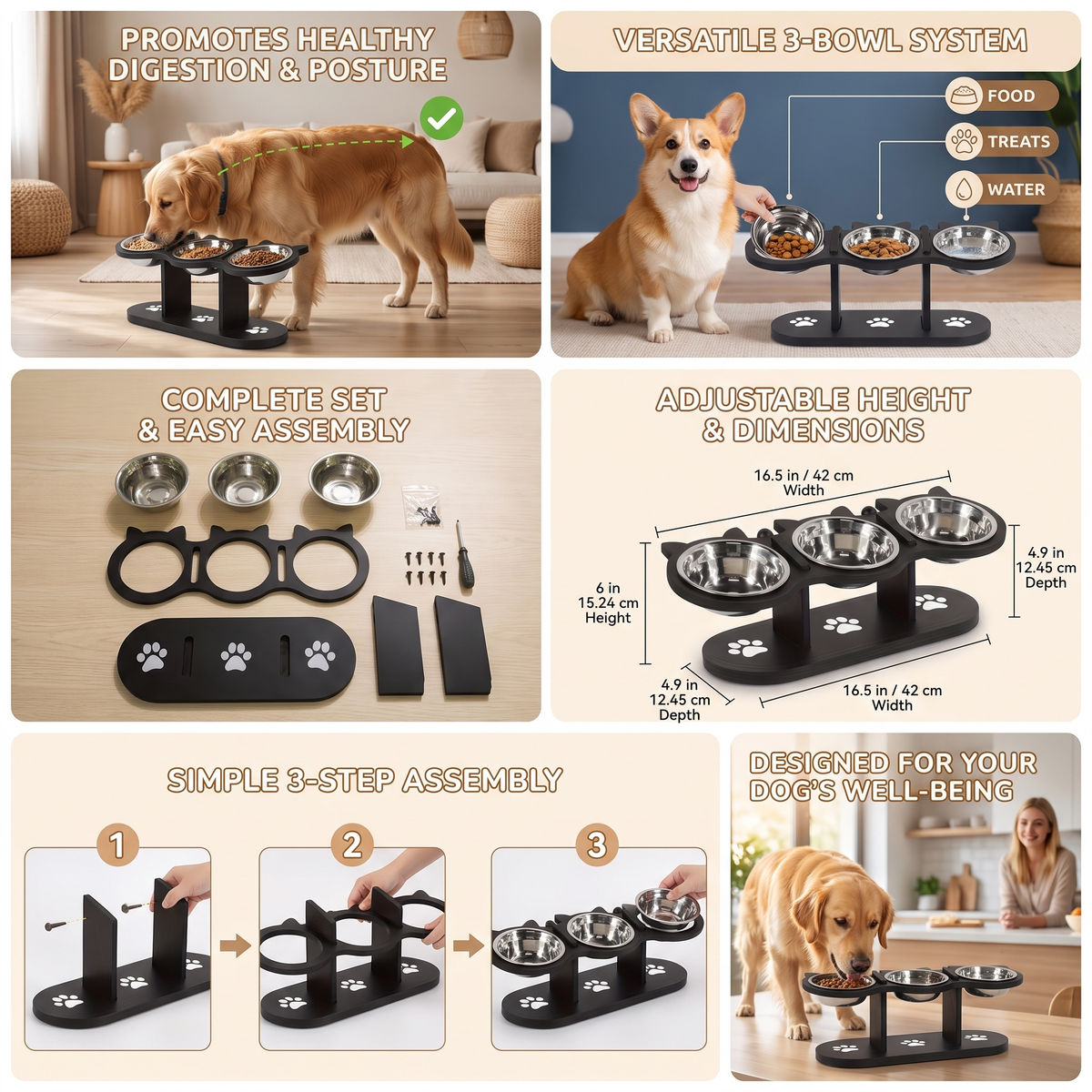 Adjustable Raised Dog Bowl Stand Triple Stainless Steel Food & Water Feeder