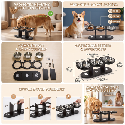Adjustable Raised Dog Bowl Stand Triple Stainless Steel Food & Water Feeder
