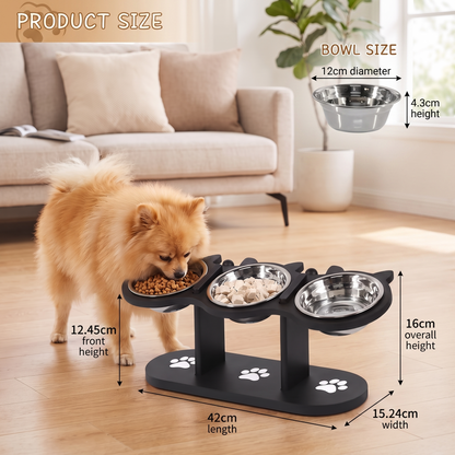 Adjustable Raised Dog Bowl Stand Triple Stainless Steel Food & Water Feeder