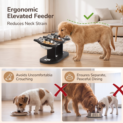 Adjustable Raised Dog Bowl Stand Triple Stainless Steel Food & Water Feeder