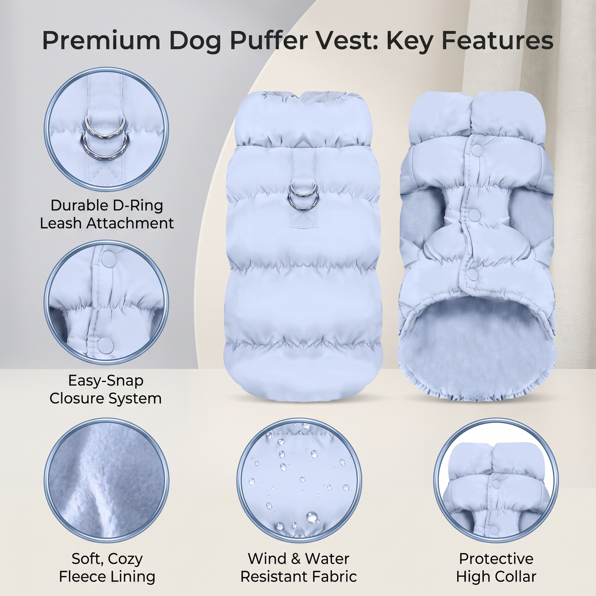 Dog Winter Puffer Jacket Warm Padded Vest with Buckle for Small Dogs & Puppies