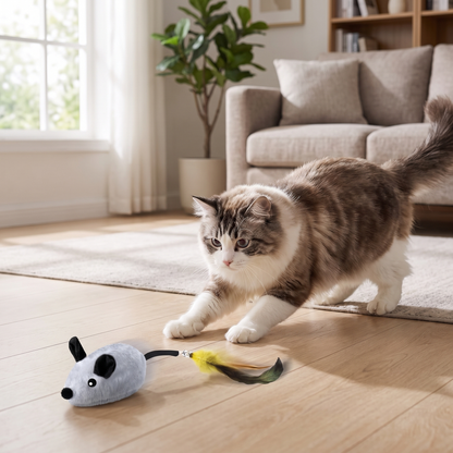 Rechargeable Electric Mouse Cat Toy – Interactive Moving Plush Chase Toy with Feather Tail