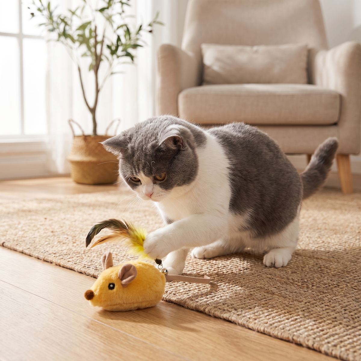 Rechargeable Electric Mouse Cat Toy – Interactive Moving Plush Chase Toy with Feather Tail