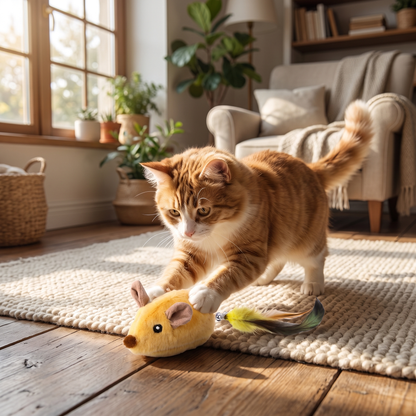 Rechargeable Electric Mouse Cat Toy – Interactive Moving Plush Chase Toy with Feather Tail