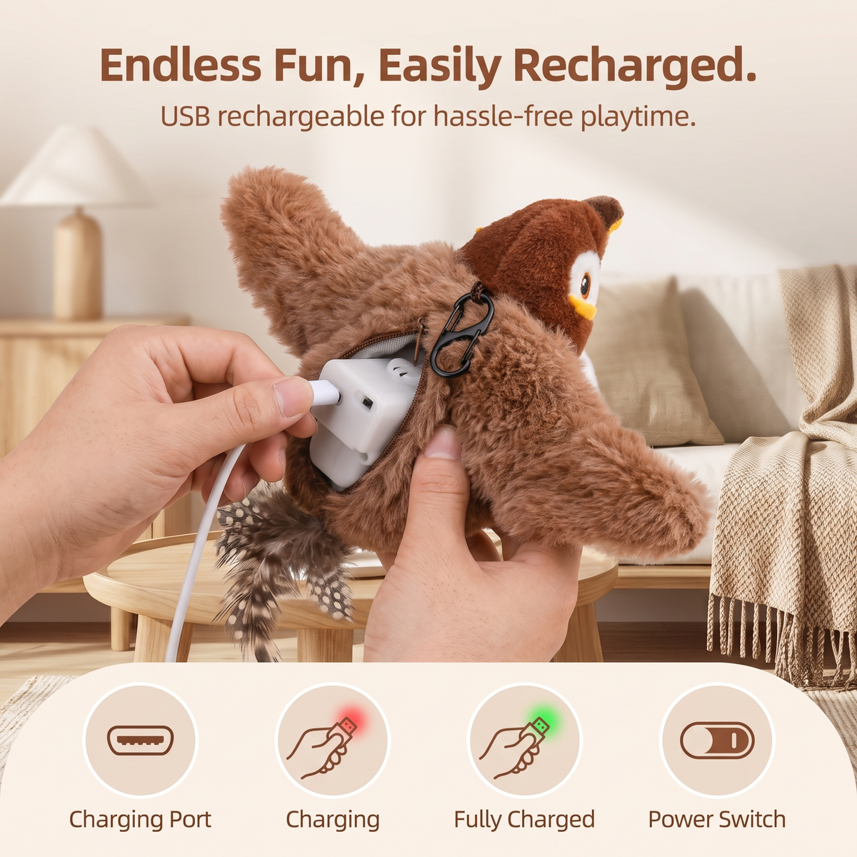 Interactive Flapping Bird Cat Toy – Catnip Plush Chirping Prey Toy with Feather Tail