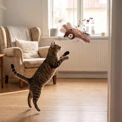 Interactive Flapping Bird Cat Toy – Catnip Plush Chirping Prey Toy with Feather Tail