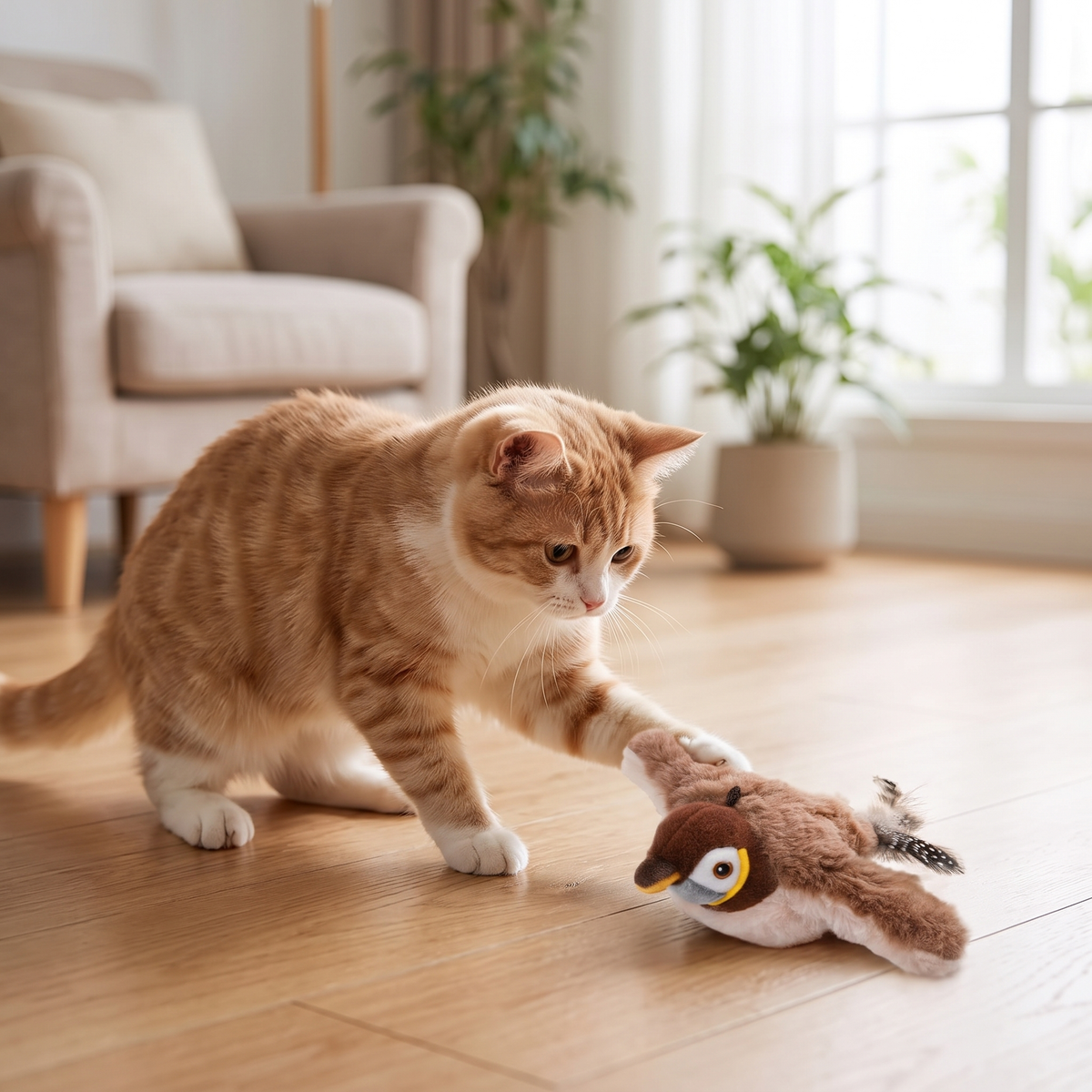Interactive Flapping Bird Cat Toy – Catnip Plush Chirping Prey Toy with Feather Tail