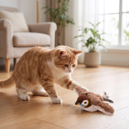 Interactive Flapping Bird Cat Toy – Catnip Plush Chirping Prey Toy with Feather Tail