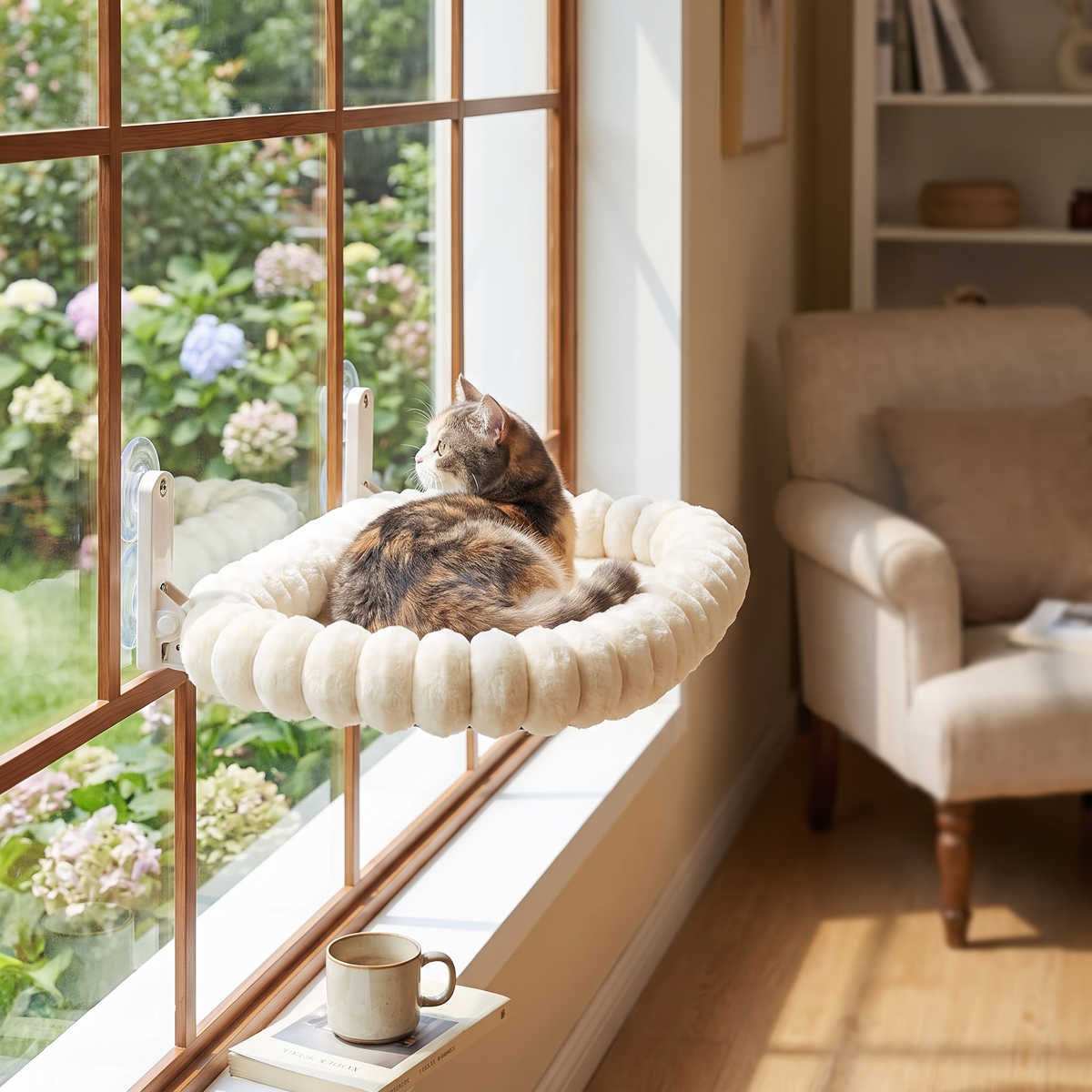 Window Cat Hammock Bed – Plush Suction Cup Cat Perch with Double-Sided Cushion