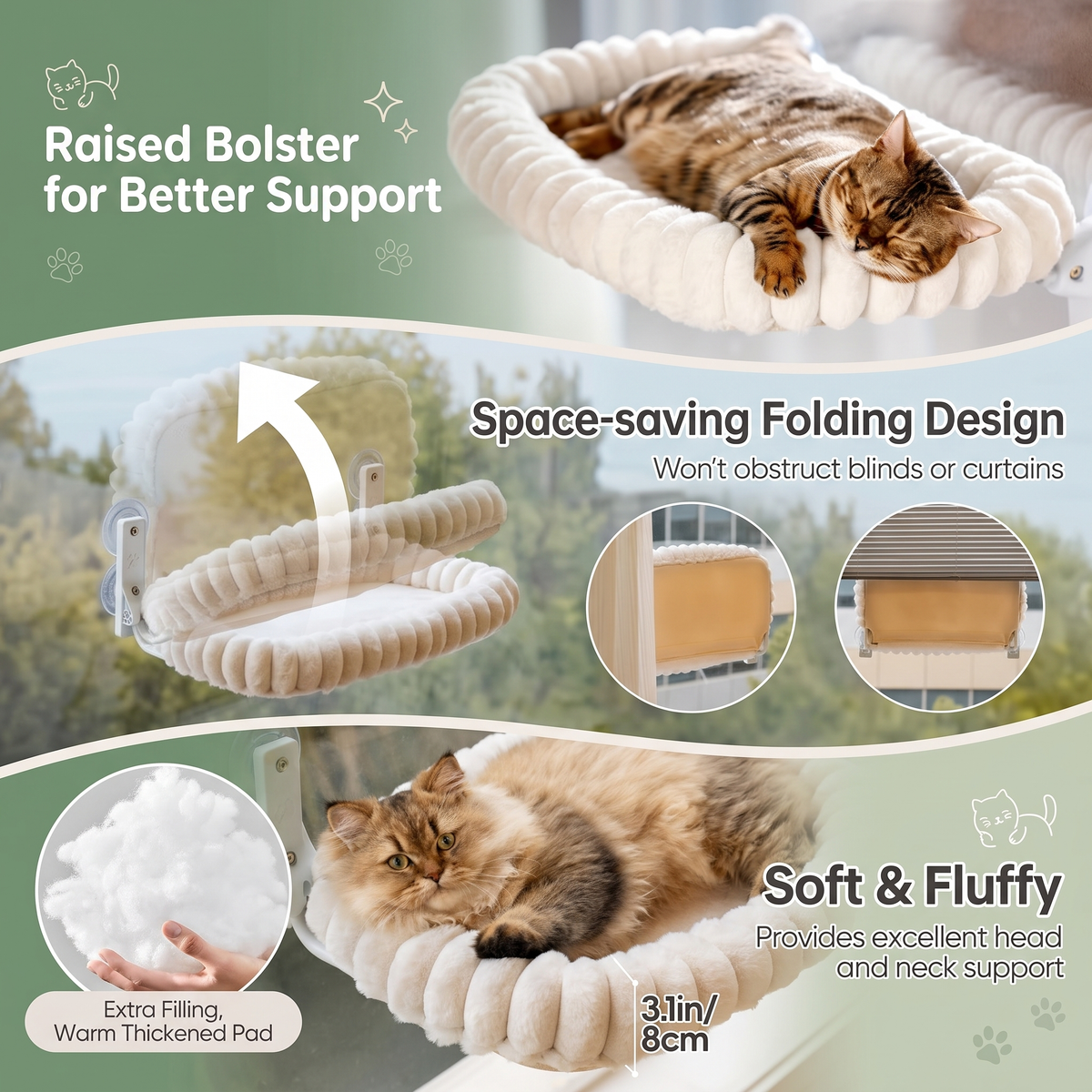 Window Cat Hammock Bed – Plush Suction Cup Cat Perch with Double-Sided Cushion
