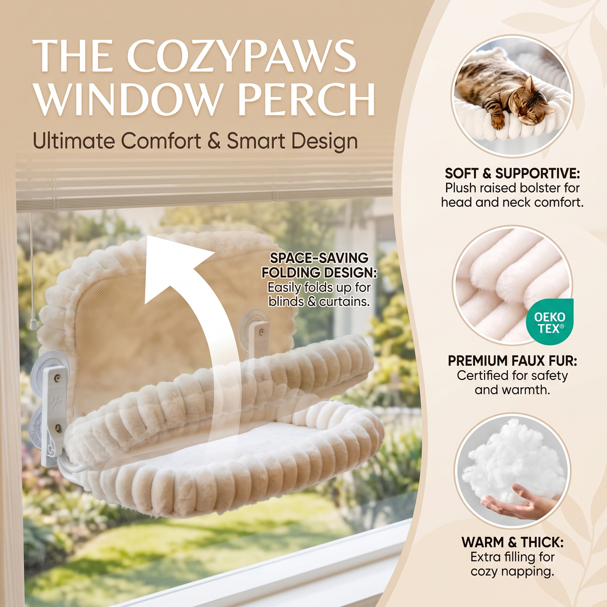 Window Cat Hammock Bed – Plush Suction Cup Cat Perch with Double-Sided Cushion