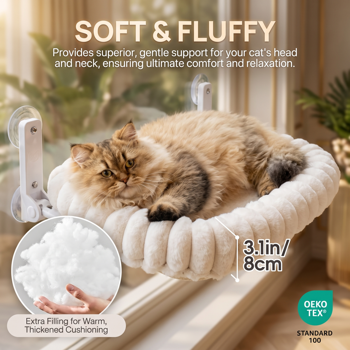 Window Cat Hammock Bed – Plush Suction Cup Cat Perch with Double-Sided Cushion
