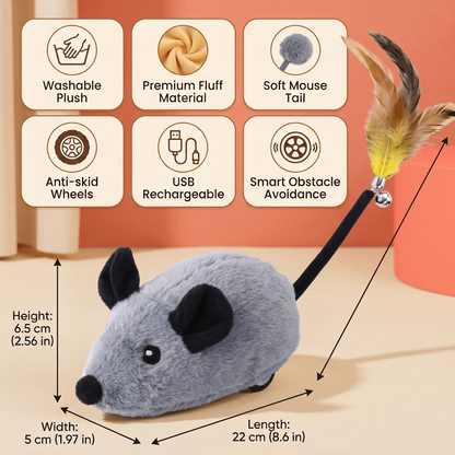 Rechargeable Electric Mouse Cat Toy – Interactive Moving Plush Chase Toy with Feather Tail