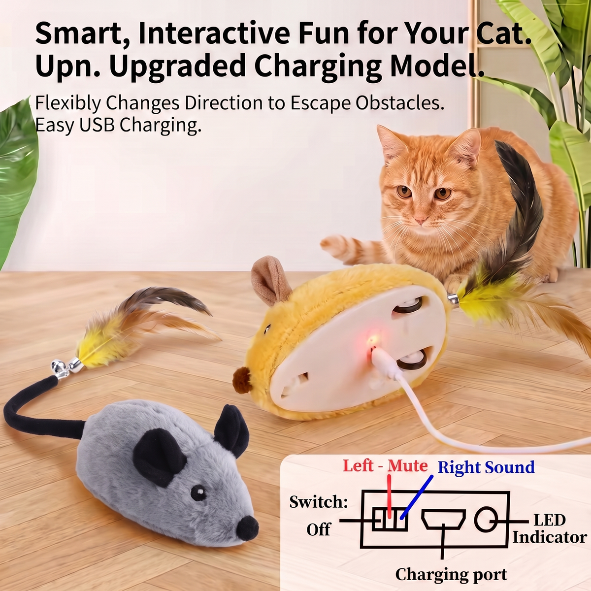 Rechargeable Electric Mouse Cat Toy – Interactive Moving Plush Chase Toy with Feather Tail