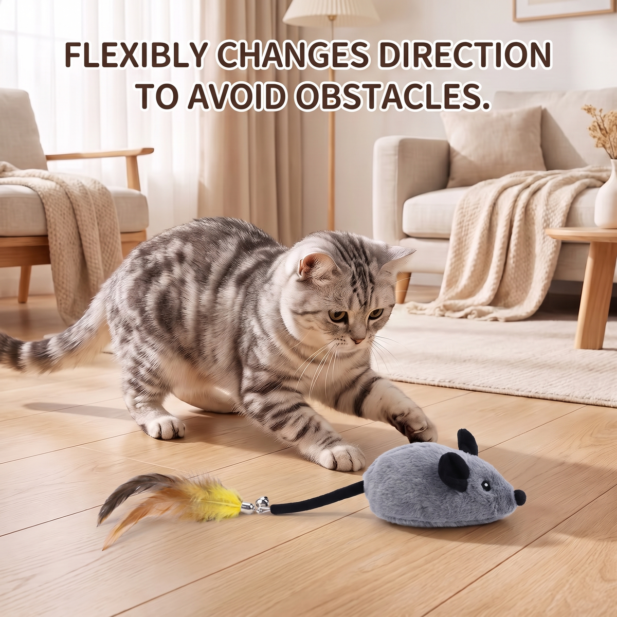 Rechargeable Electric Mouse Cat Toy – Interactive Moving Plush Chase Toy with Feather Tail