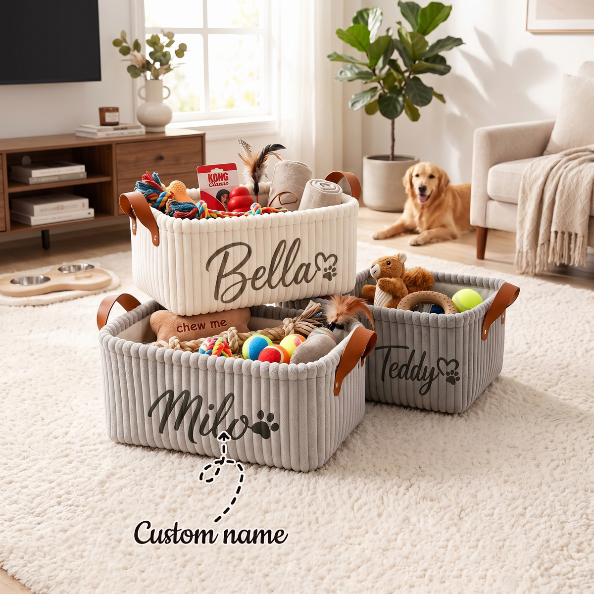 Personalized Dog Toy Basket with Custom Embroidered Name