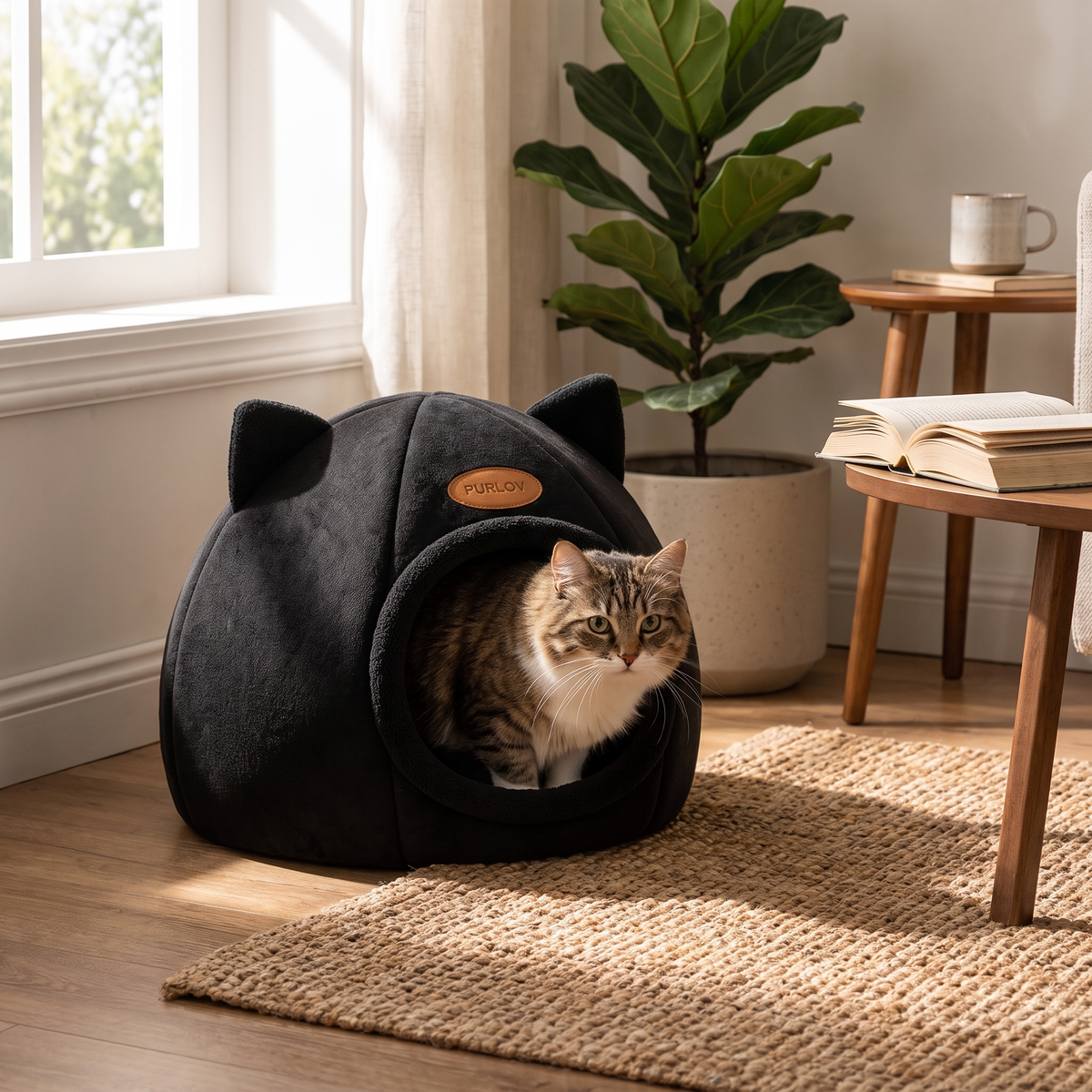 Cozy Black Cat Cave Bed – Warm & Soft Enclosed Cat House