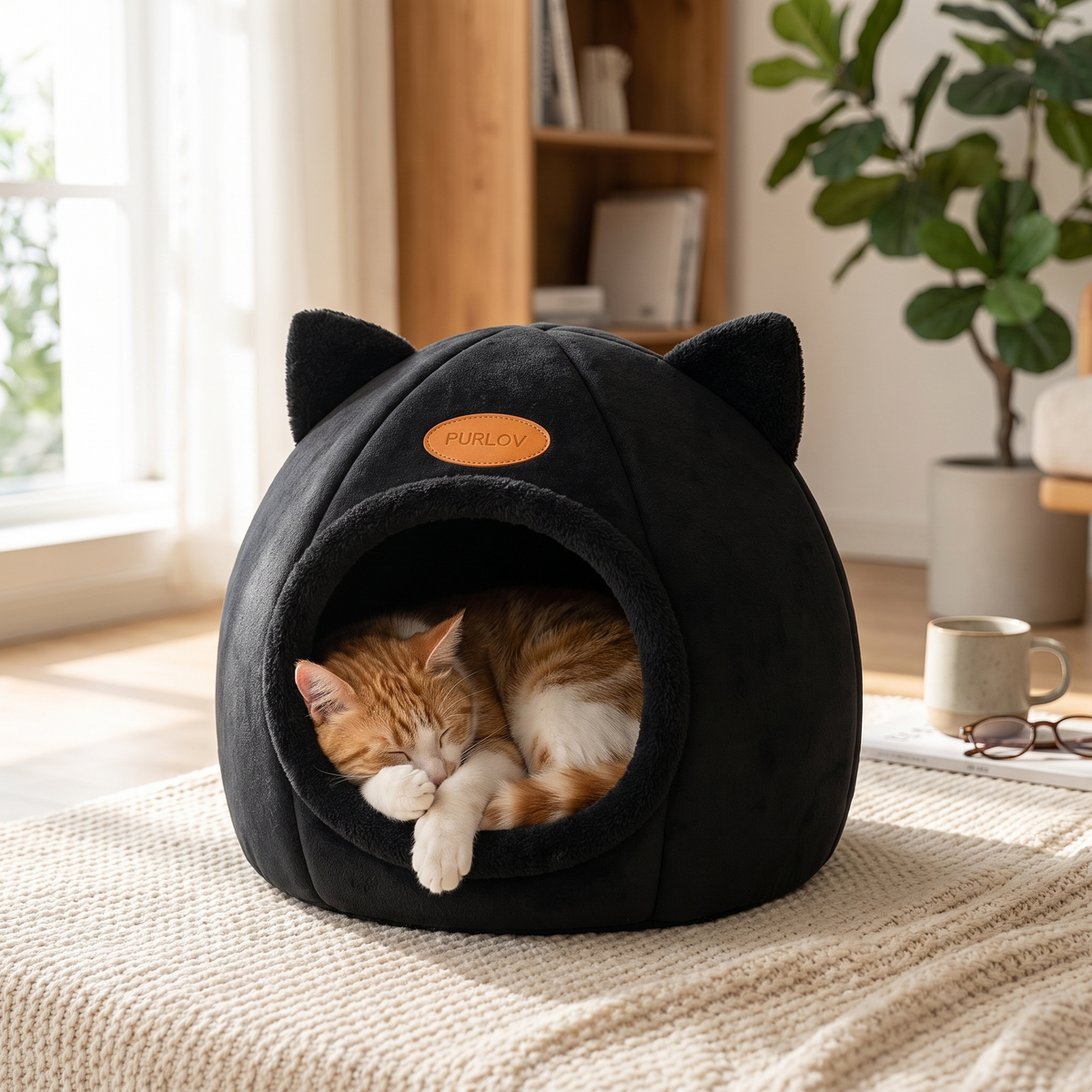 Cozy Black Cat Cave Bed – Warm & Soft Enclosed Cat House