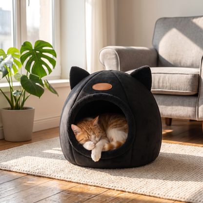 Cozy Black Cat Cave Bed – Warm & Soft Enclosed Cat House