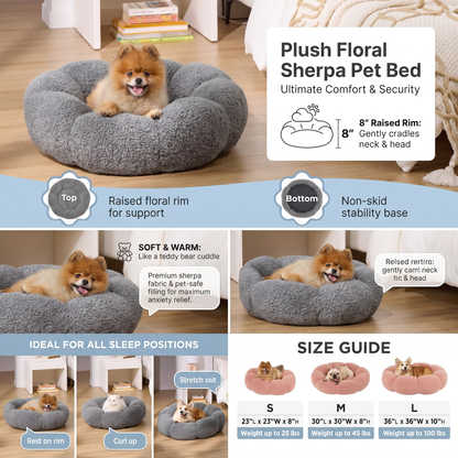 Plush Flower Dog Bed – Soft Round Calming Pet Sleeping Cushion