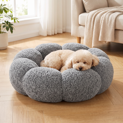Plush Flower Dog Bed – Soft Round Calming Pet Sleeping Cushion