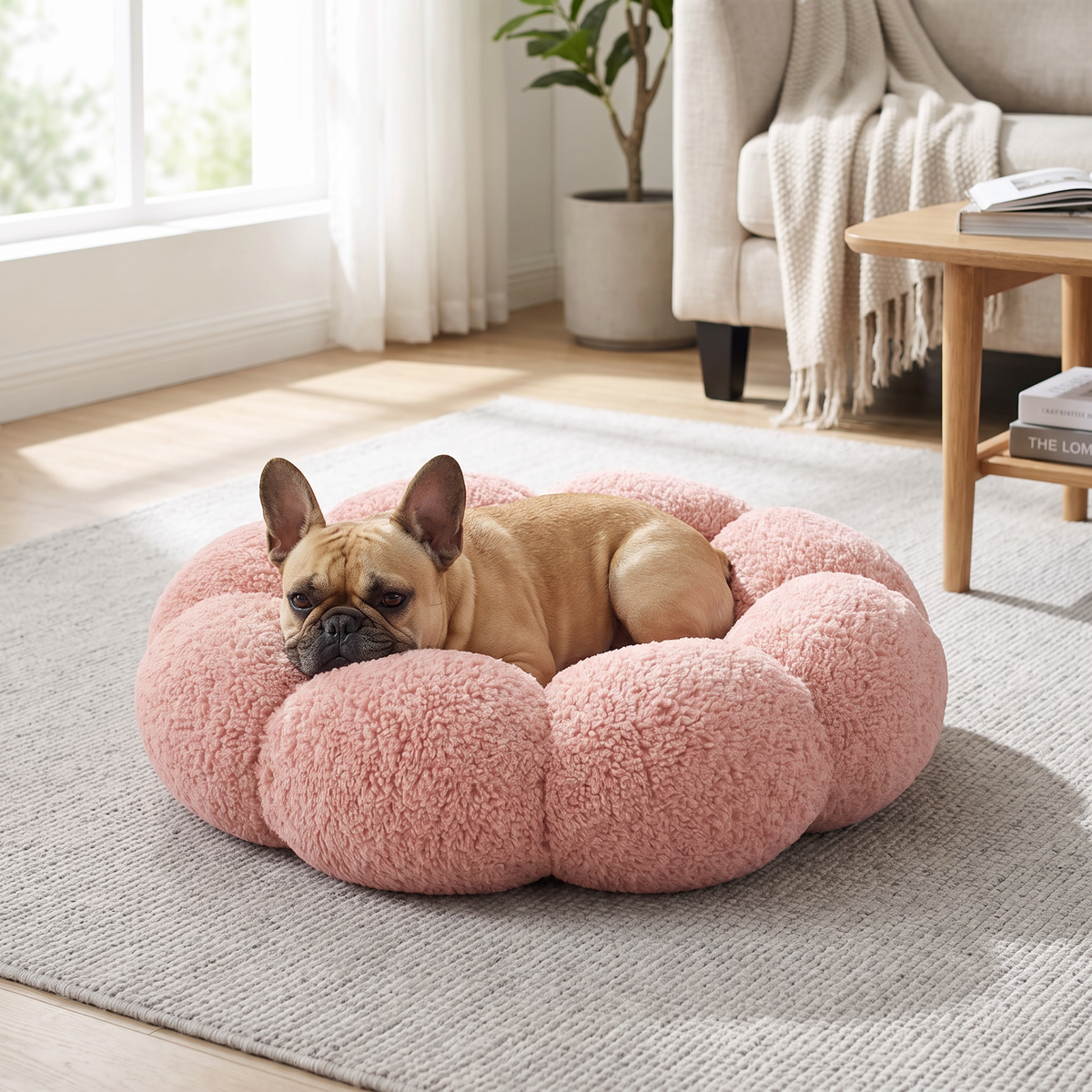 Plush Flower Dog Bed – Soft Round Calming Pet Sleeping Cushion