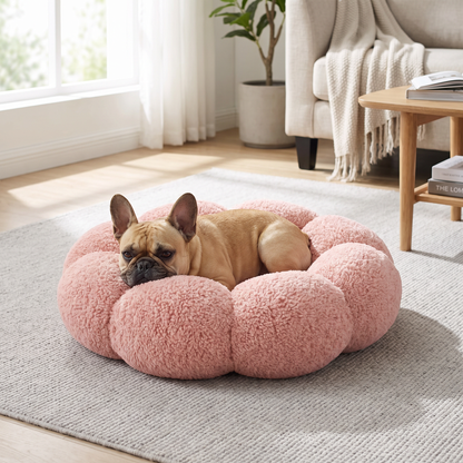 Plush Flower Dog Bed – Soft Round Calming Pet Sleeping Cushion