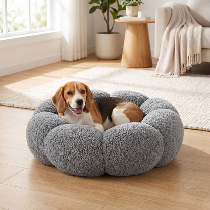 Plush Flower Dog Bed – Soft Round Calming Pet Sleeping Cushion